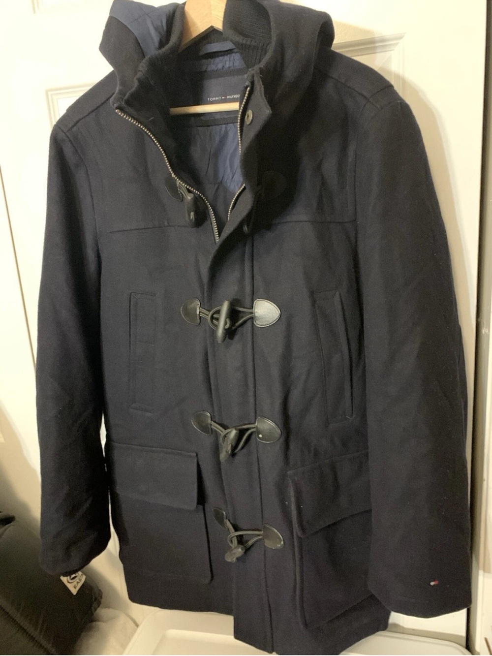 Vintage 90s Tommy Hilfiger Wool Navy Blue Toggle Duffle Coat Hooded Rare Sz S